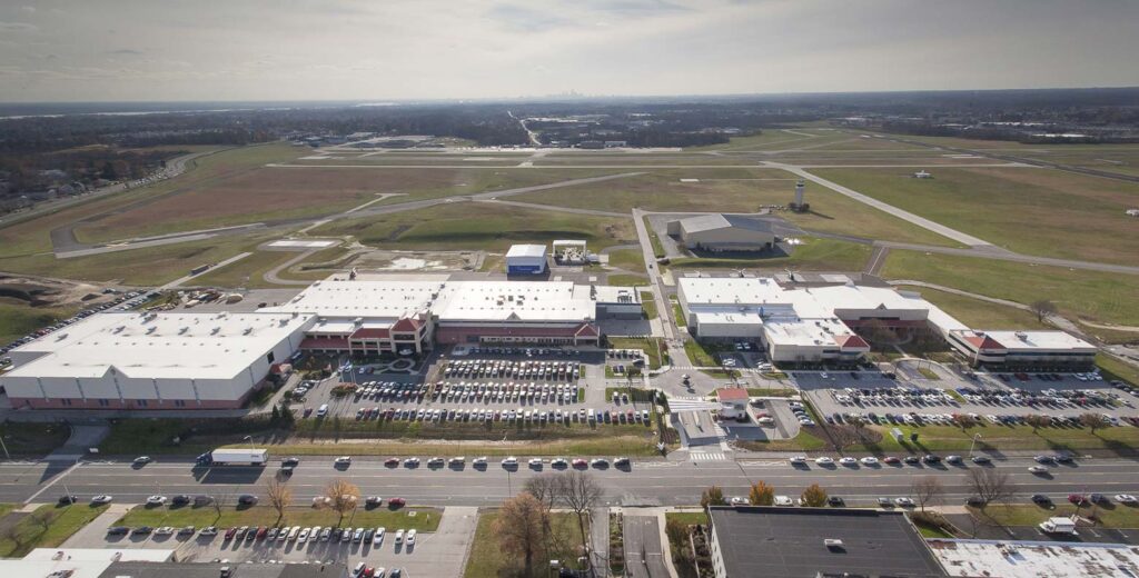Aerial view of Leonardo Helicopters complex adjacent to North Philadelphia airport in Northeast Philadelphia. The site is both a manufacturing and training facility. Courtesy of Leonardo.
