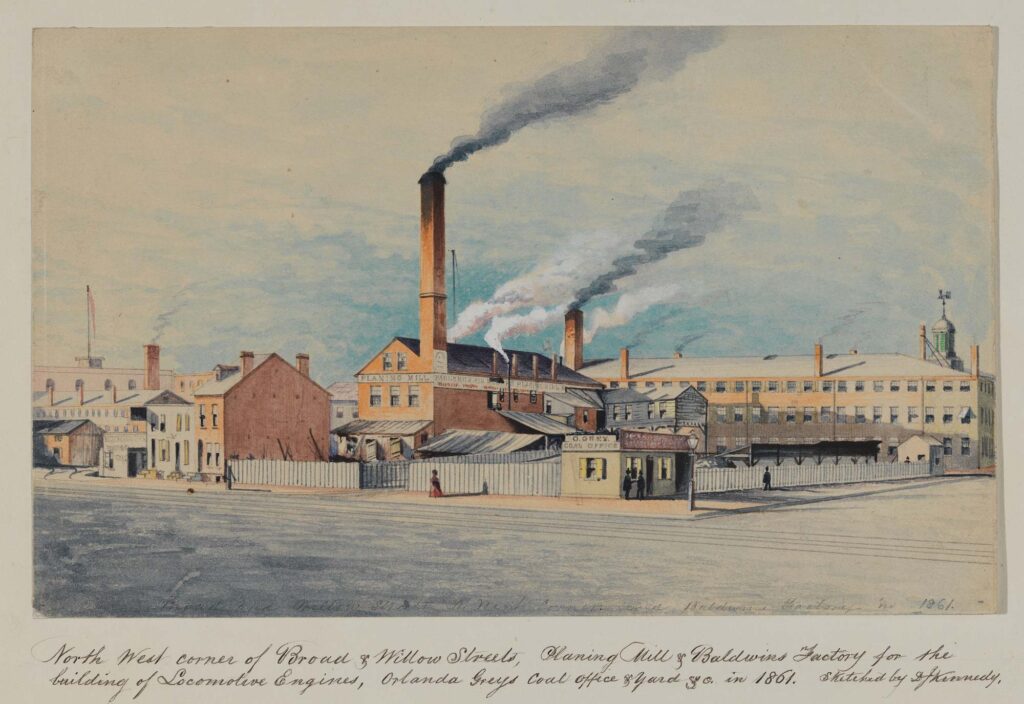 1861 painting of the corner of Broad and Willow Streets, showing the Baldwin Locomotive Works and other industries. David Kennedy Watercolor Collection, Historical Society of Pennsylvania.