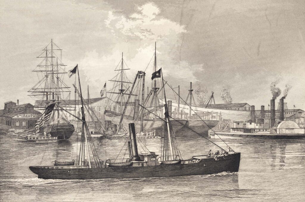 Cramp shipyard, 19th-century view. Print Collection, Historical Society of Pennsylvania.