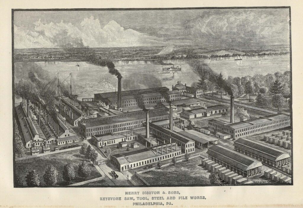 Aerial view of Disston complex in Tacony, 1884. Published in History of Philadelphia, 1609-1884, by Thomas Scharf and Thomson Westcott.