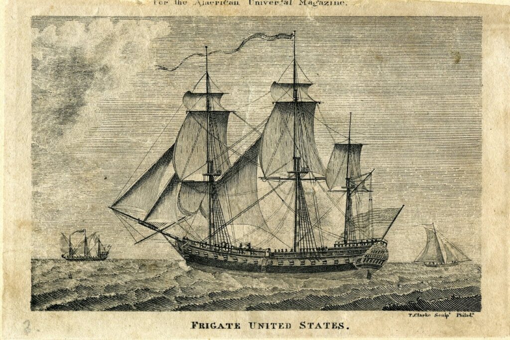 The USS United States, designed and built by Joshua Humphreys and launched from his Philadelphia shipyard in May 1797. J. Welles Henderson Collection, US Seaport Museum, Philadelphia.
