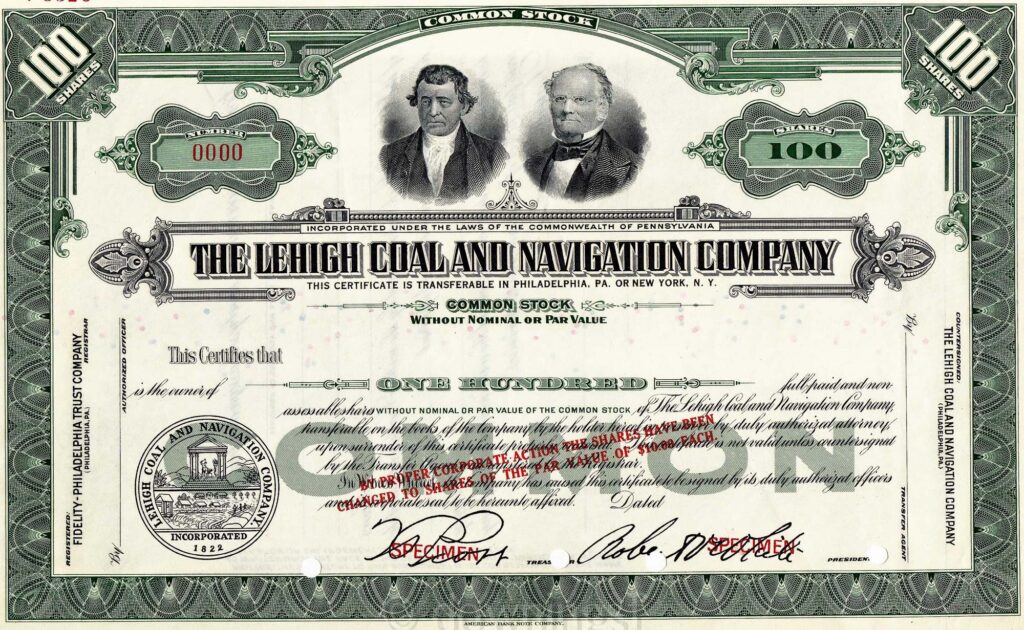 Stock certificate for The Lehigh Coal and Navigation Company, with images of company founders Josiah White (left) and Erksine Hazard. Wikipedia Commons.