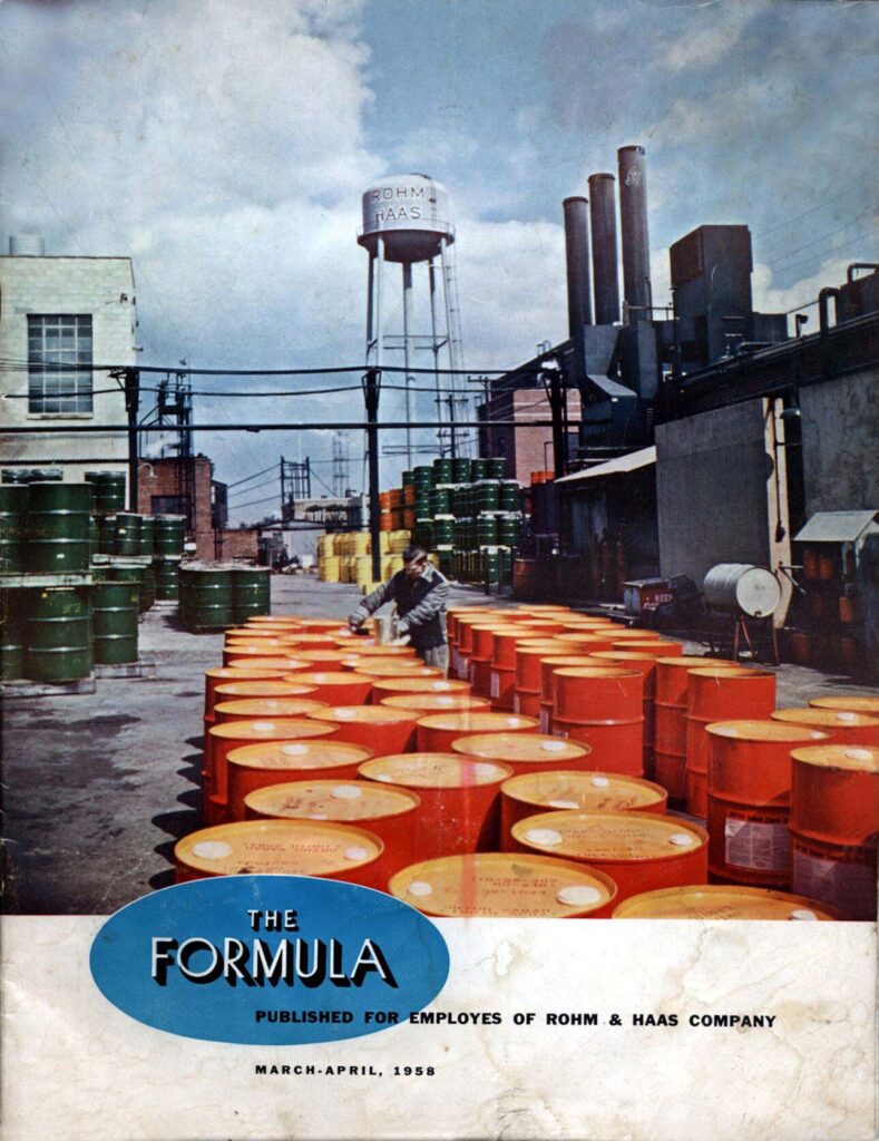 Cover page of March-April 1958 edition of Rohm & Haas employee magazine, The Formula, showing a view of the company’s plant in Bridesburg. Image retrieved online, no credit given.
