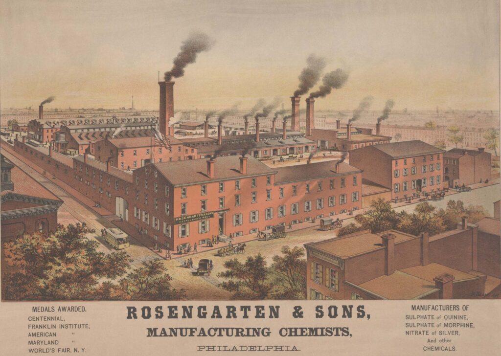 Rosengarten & Sons, Manufacturing Chemists, South Philadelphia plant, circa 1876. Print and Picture Collection, Free Library of Philadelphia.